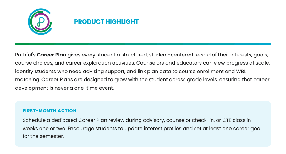 Product highlight: Pathful's Career Plan, with first-month action to schedule a dedicated Career Plan review