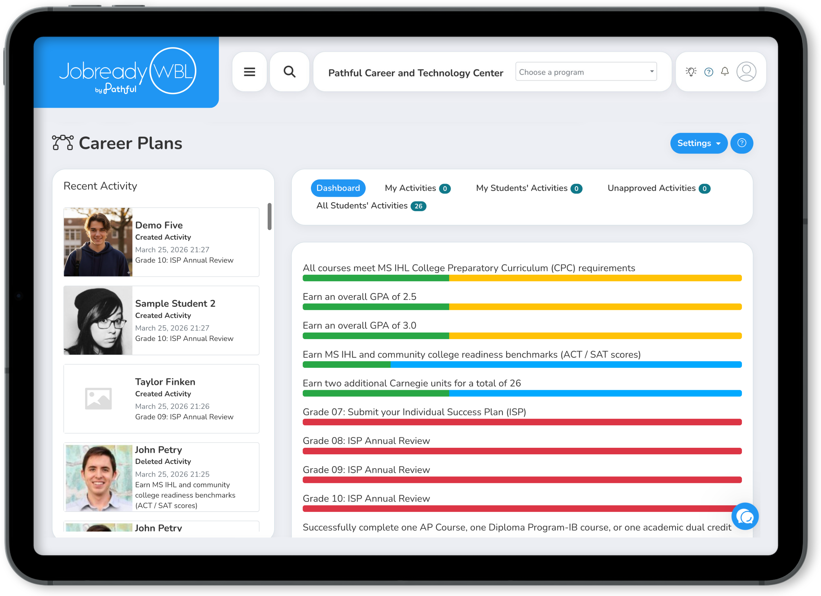 JobreadyWBL career plans dashboard