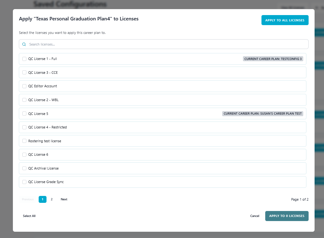 Apply to Licenses modal listing licenses a Configuration Profile can be applied to