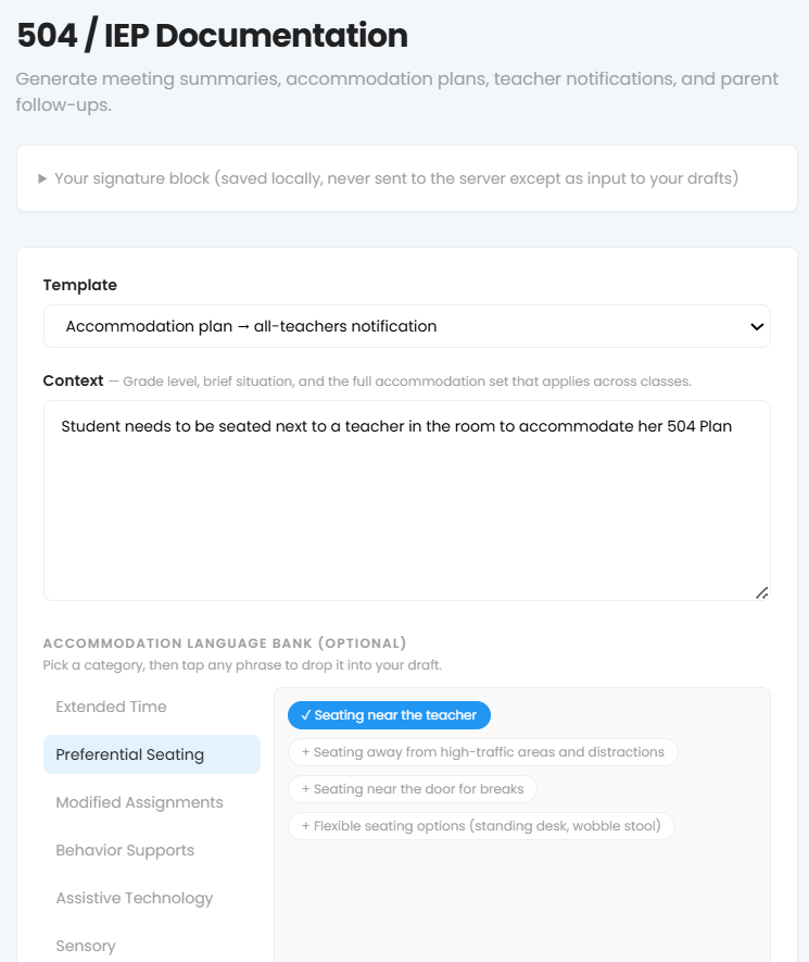504/IEP Documentation, with a template and accommodation language selected