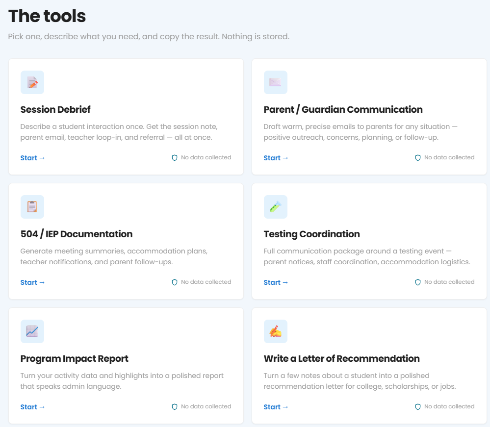 The six Counselor Center AI tools: Session Debrief, Parent/Guardian Communication, 504/IEP Documentation, Testing Coordination, Program Impact Report, and Write a Letter of Recommendation