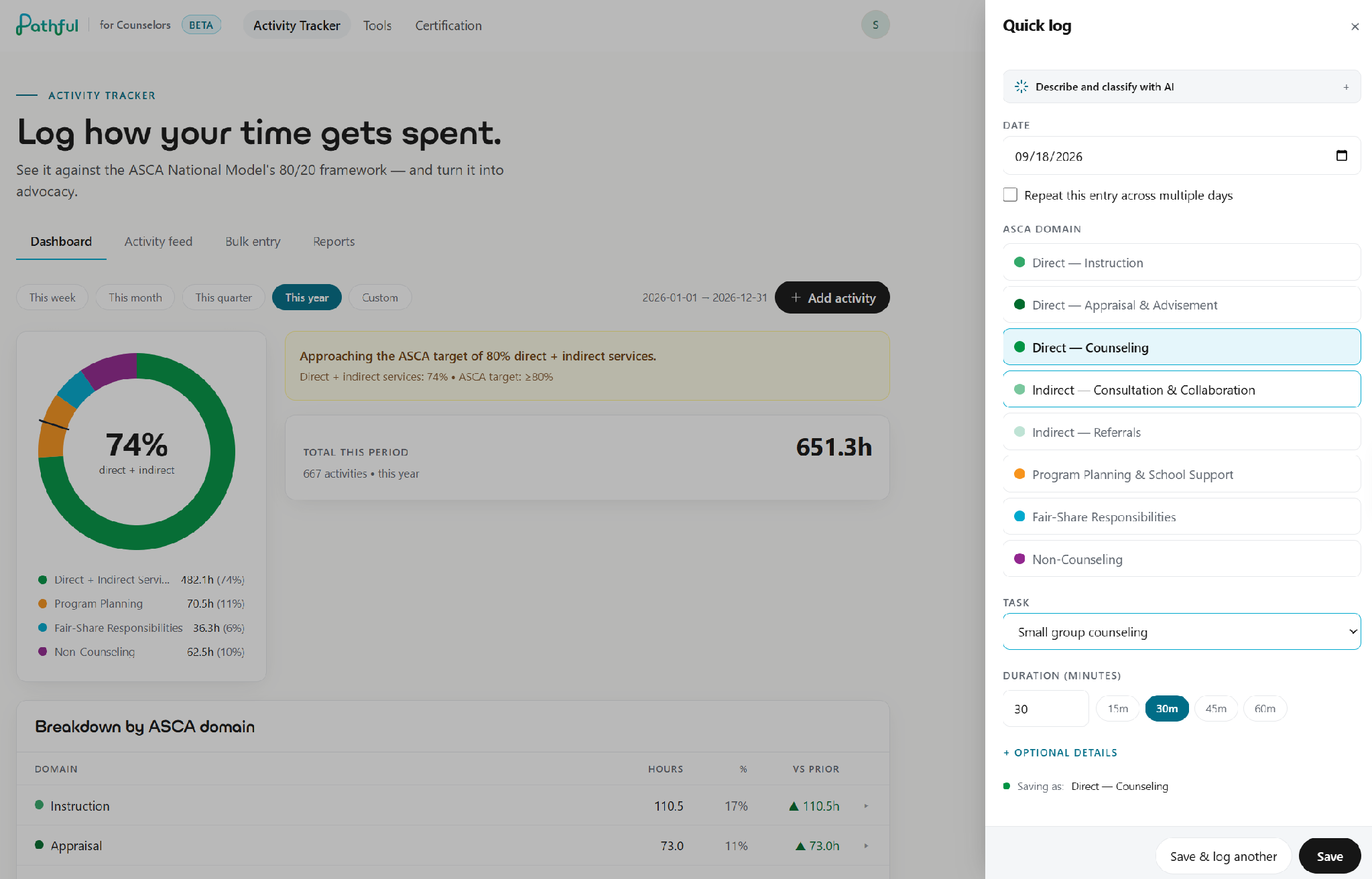 Quick Log's ASCA Domain picker, with Direct — Counseling selected