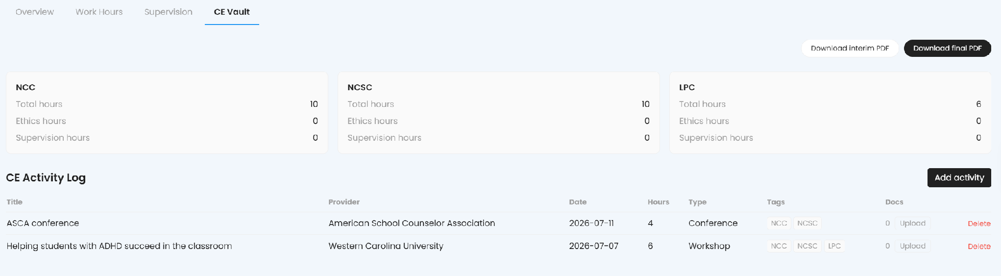 CE Vault, with running totals by credential and a CE activity log