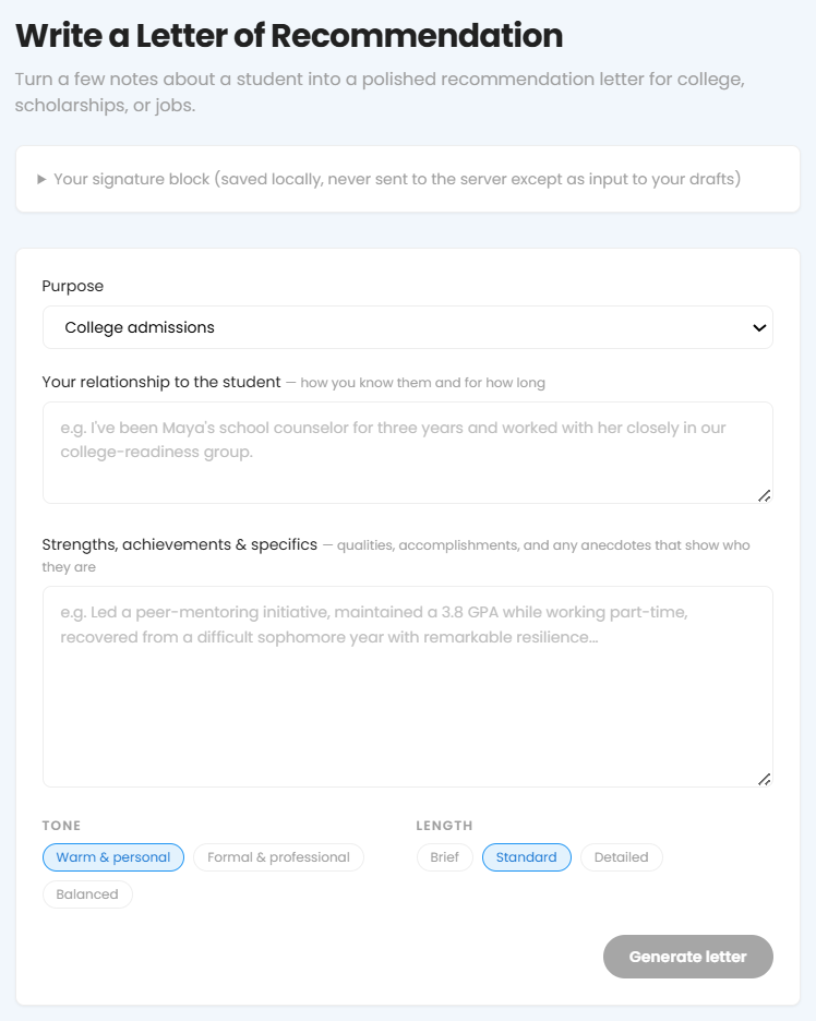 Write a Letter of Recommendation, with purpose, tone, and length selected