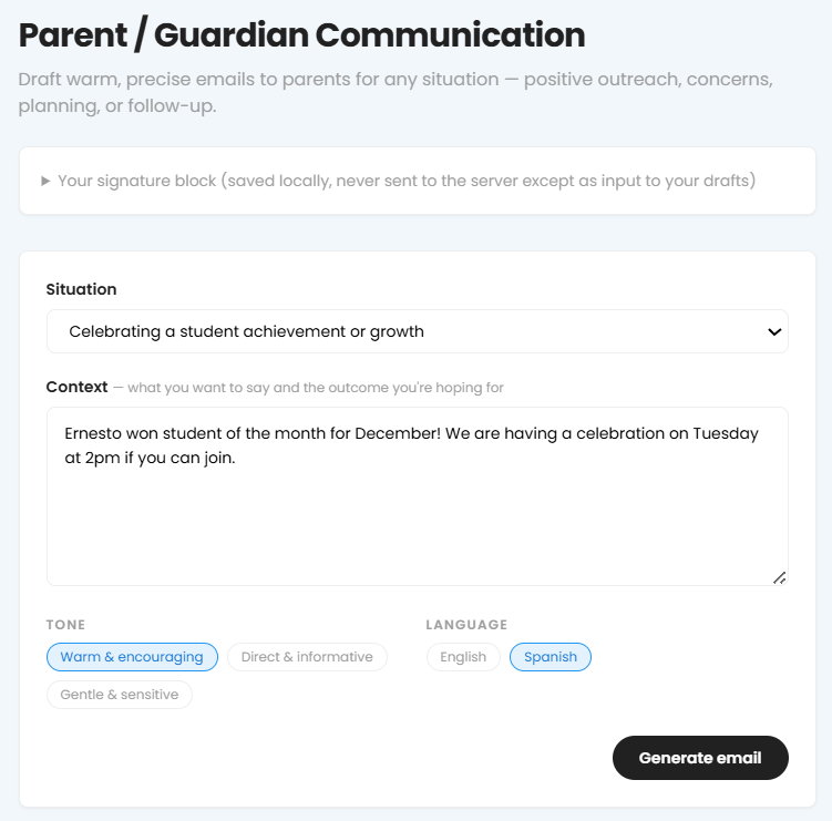 Parent/Guardian Communication, with a situation and tone selected