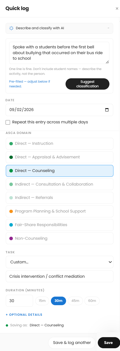 Quick Log, with a description entered and a domain/task ready to confirm
