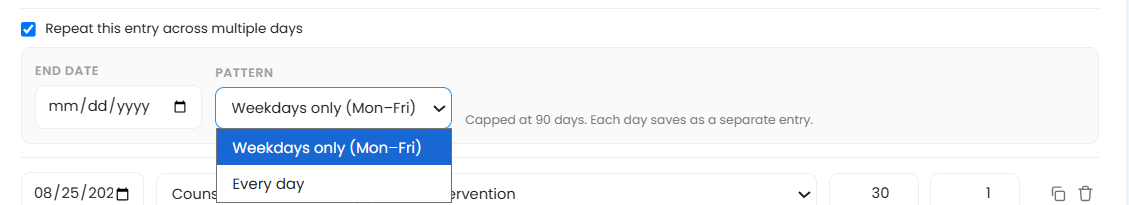 Setting up an entry that repeats across multiple days, with an end date and pattern selected