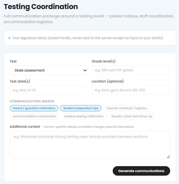 Testing Coordination, with test, grade level, and communications selected
