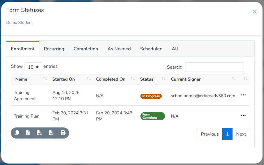 Form Statuses modal, showing enrollment forms and their current signer