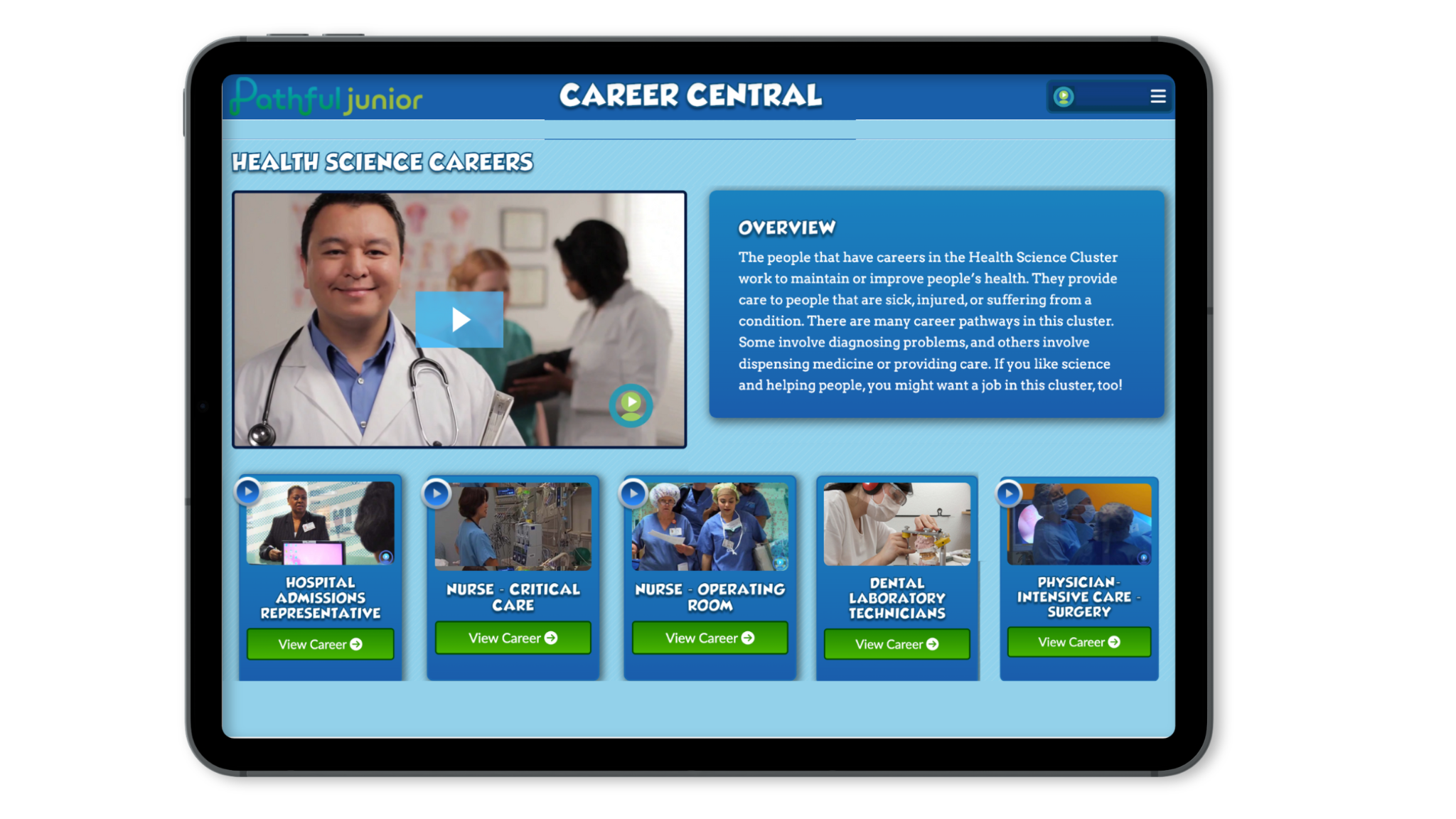 The Pathful Junior Career Central screen for the Health Science career cluster, showing a career video and related career cards