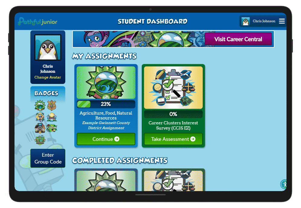 A Pathful Junior student dashboard showing assignment progress and career cluster badges
