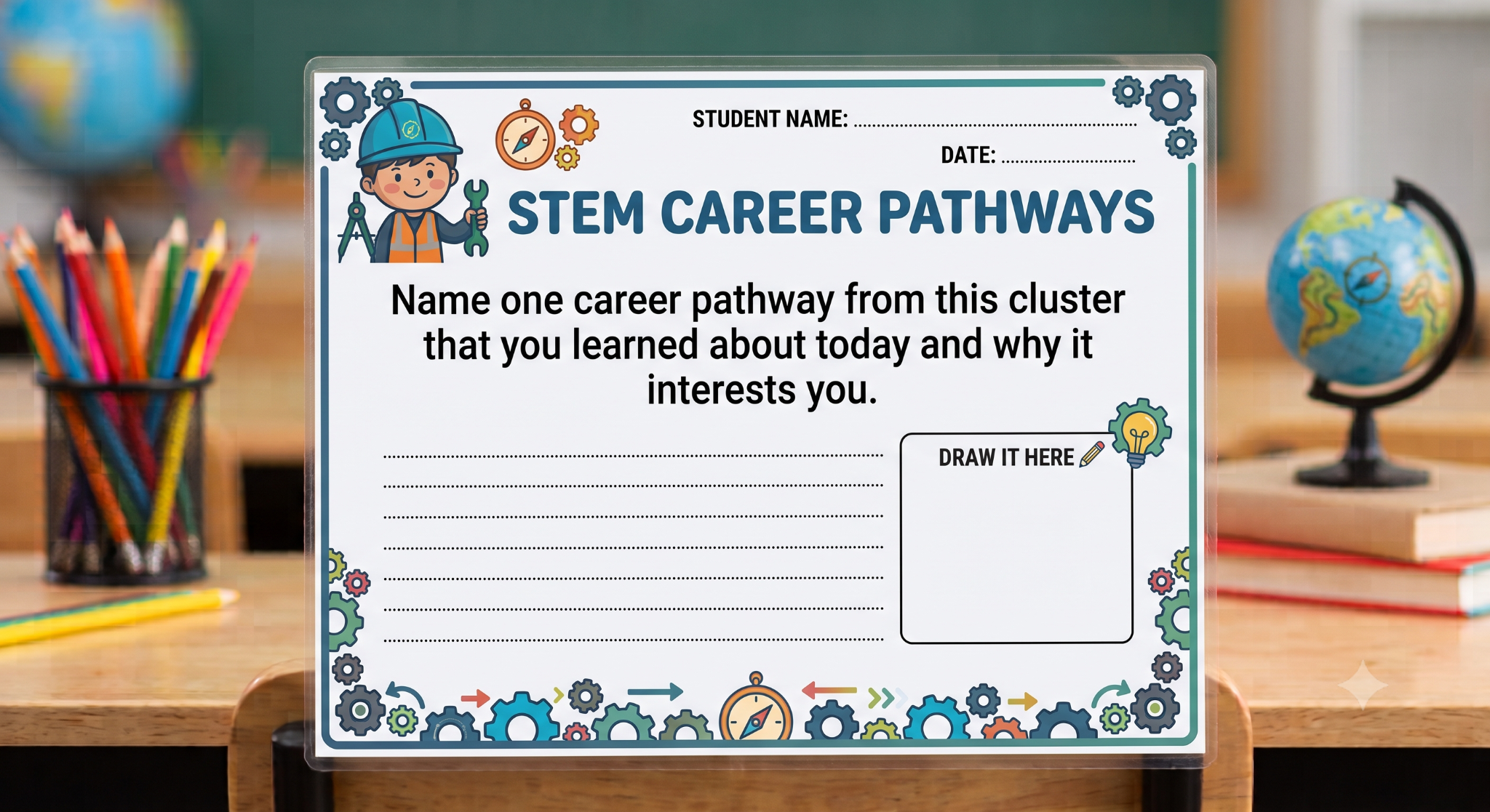 A printable STEM career pathways worksheet prompting students to name and draw a career pathway that interests them