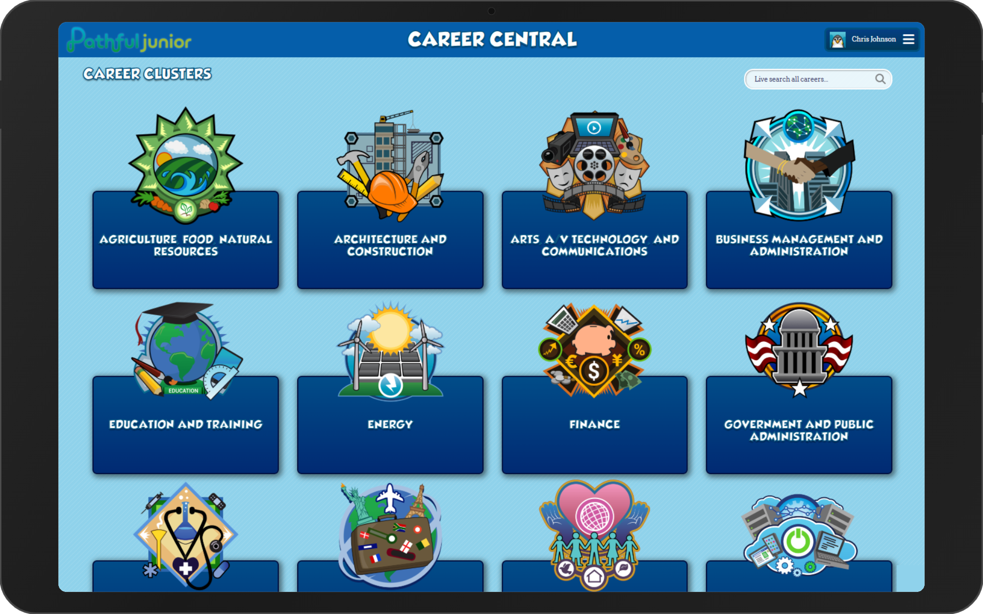 The Pathful Junior Career Central home screen showing the grid of 17 career clusters