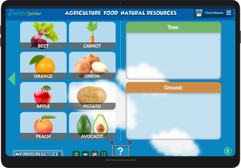 A Pathful Junior sorting activity for the Agriculture, Food, and Natural Resources cluster, categorizing foods by Tree or Ground