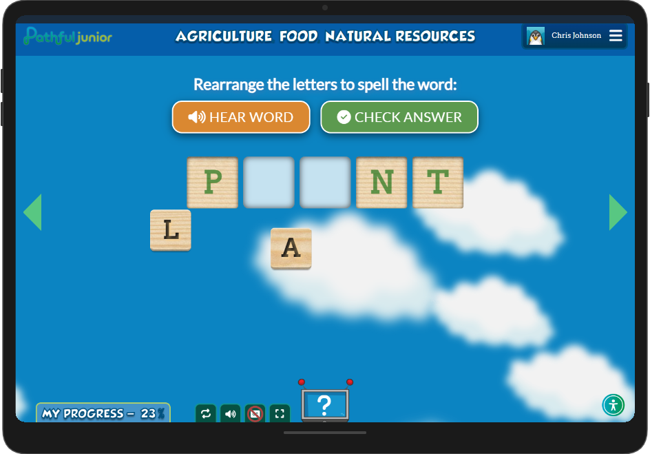 A Pathful Junior spelling activity for the Agriculture, Food, and Natural Resources cluster