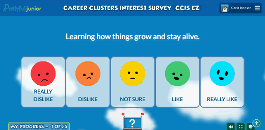 The Interest Assessment progress bar, showing My Progress 1 of 85