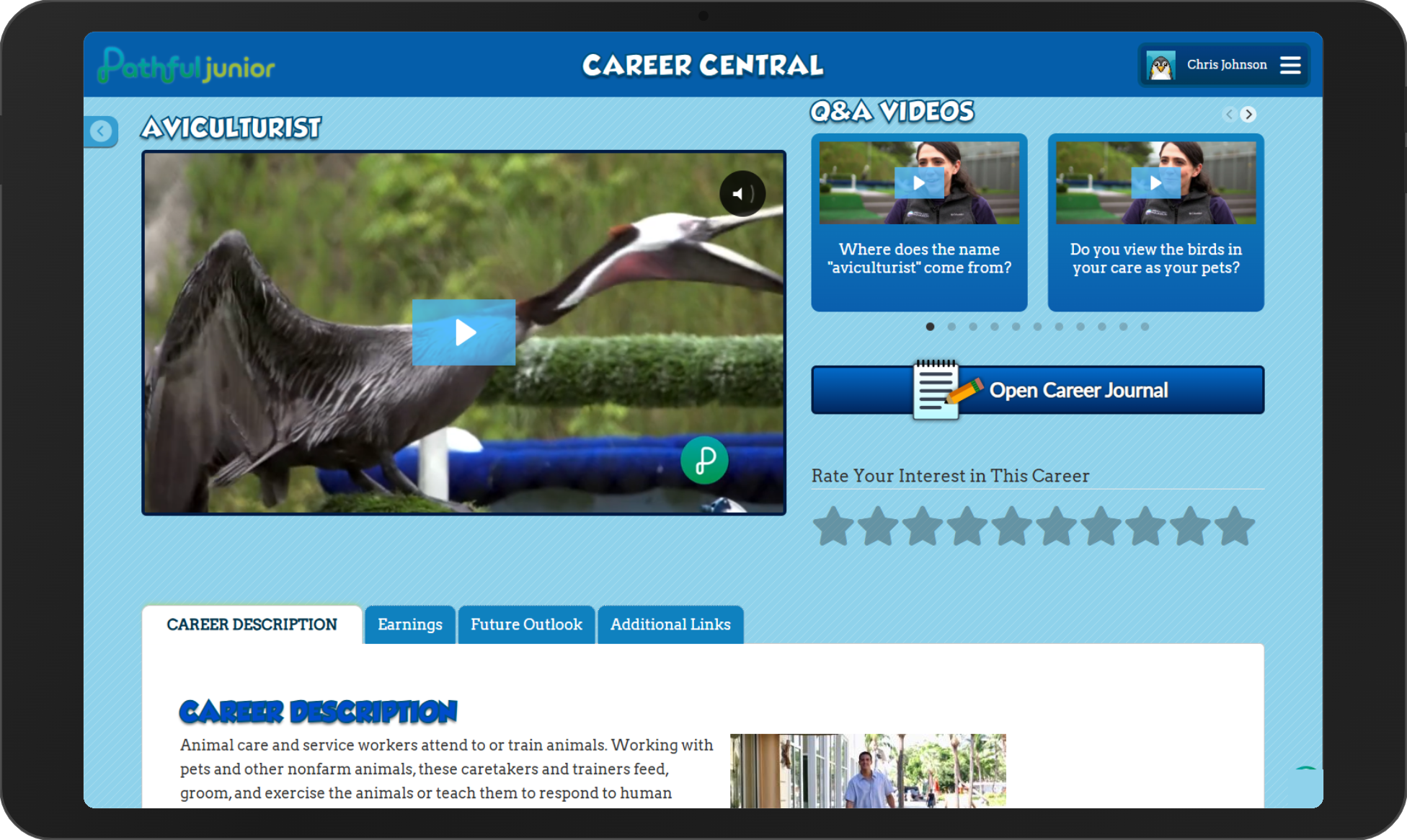 A Career Central profile for Aviculturist, showing a job shadow video of a bird and Q&A videos