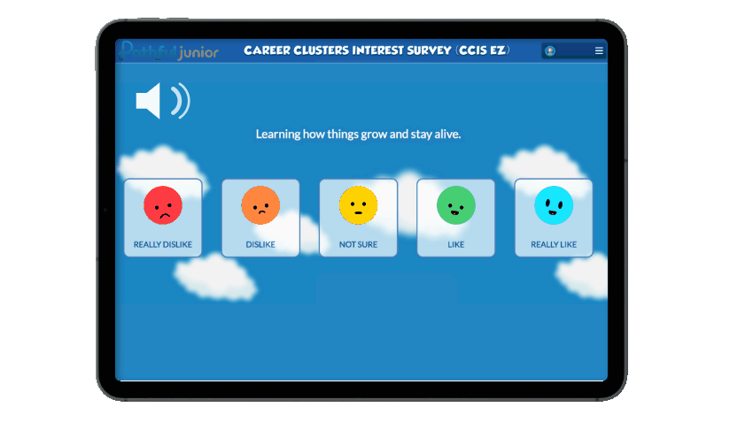 The Pathful Junior Interest Assessment (CCIS EZ) showing a read-aloud prompt with an emoji response scale from Really Dislike to Really Like