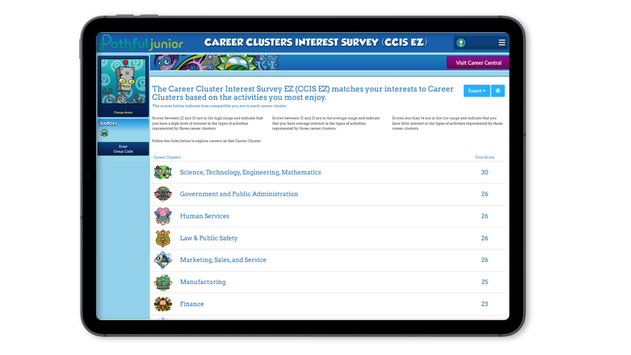 The Career Clusters Interest Survey (CCIS EZ) results screen, showing a student's compatibility scores across career clusters