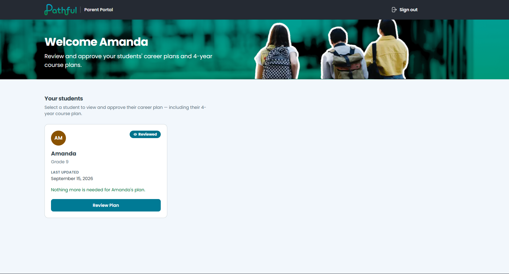 Parent Portal welcome dashboard showing a card for each student
