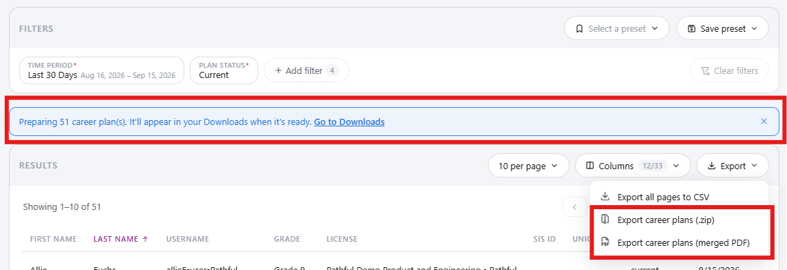 Bulk downloading career plans from a report