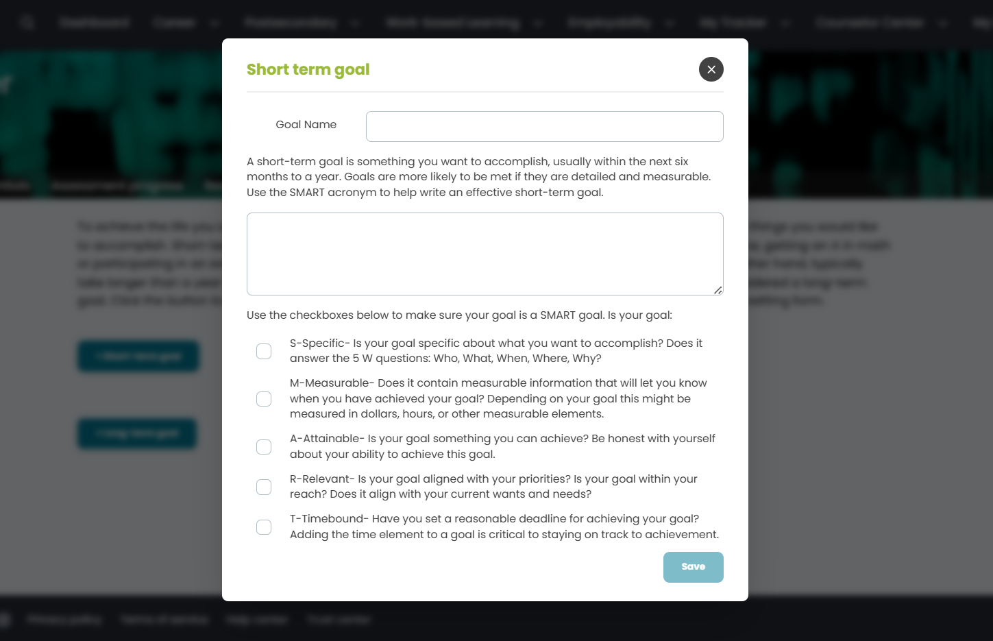 Pathful's Goal Setting short-term goal form