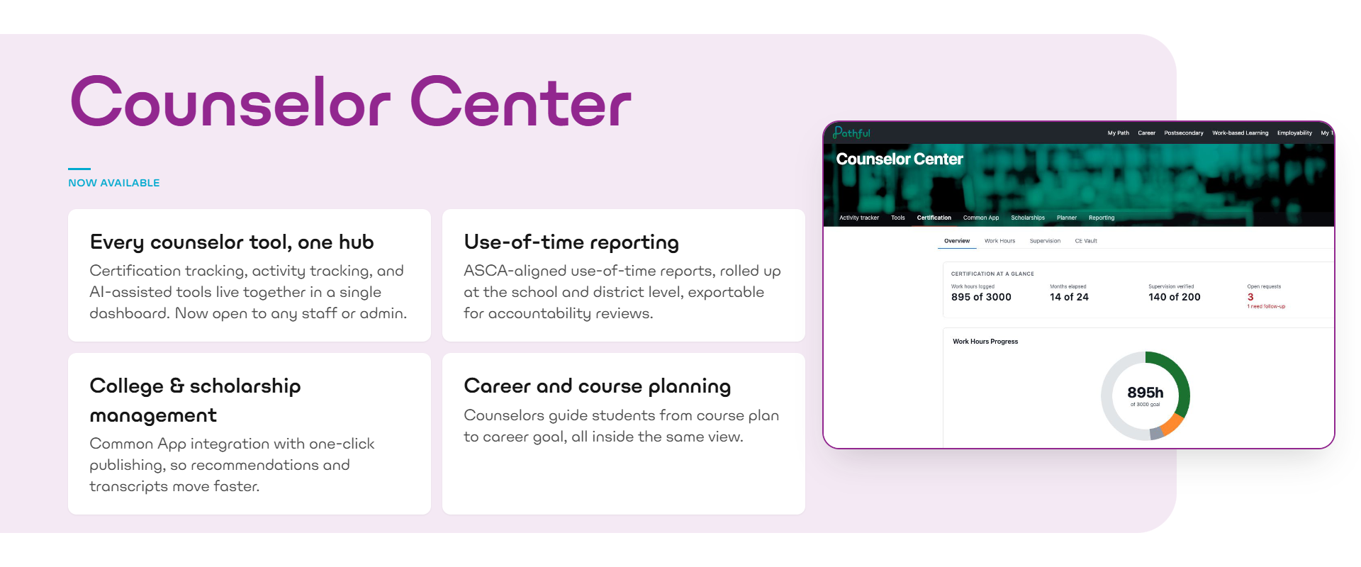 Counselor Center update, now available: every counselor tool in one hub — certification tracking, activity tracking, and AI-assisted tools, now open to any staff or admin. Also includes ASCA-aligned use-of-time reporting exportable for accountability reviews, Common App college and scholarship management, and career and course planning in one view.