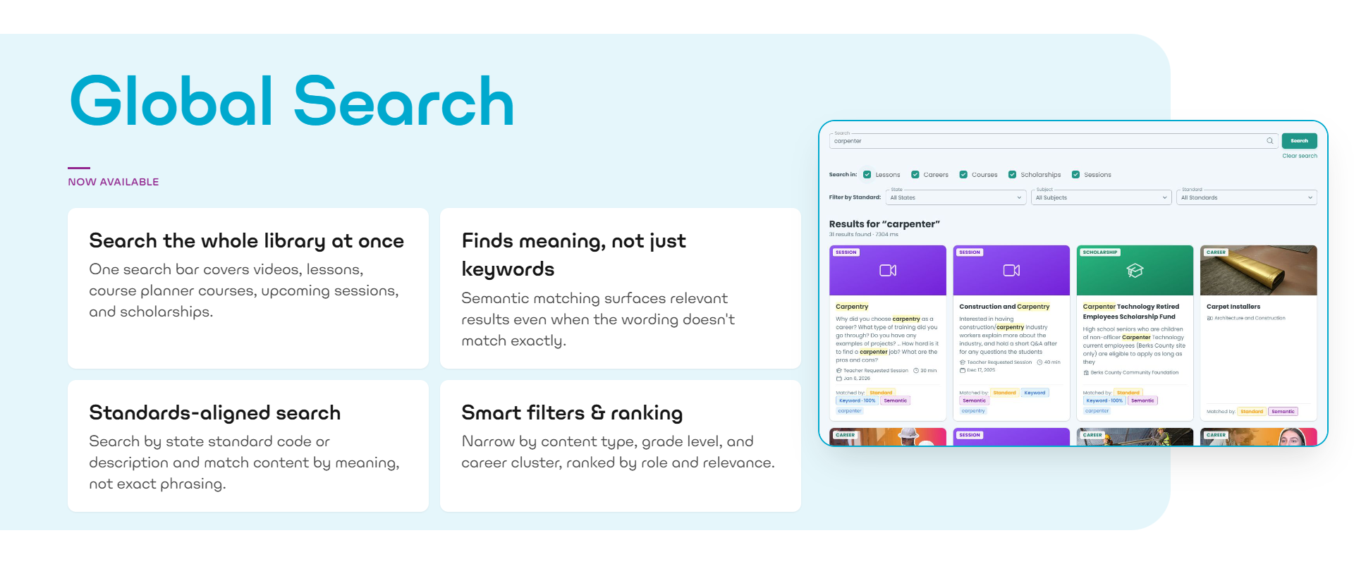 Global Search update, now available: search the whole library at once — videos, lessons, course planner courses, upcoming sessions, and scholarships — with semantic matching that finds meaning, not just keywords. Search by state standard code or description, and narrow results with smart filters by content type, grade level, and career cluster.