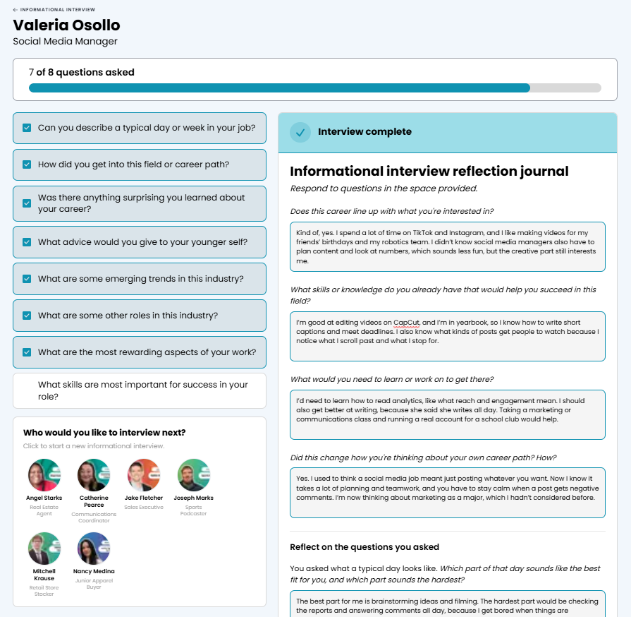 Interview complete screen with the reflection journal open, showing four reflection questions with sample student answers, the eight interview questions on the left with seven checked off, and a "Who would you like to interview next?" section with six professionals