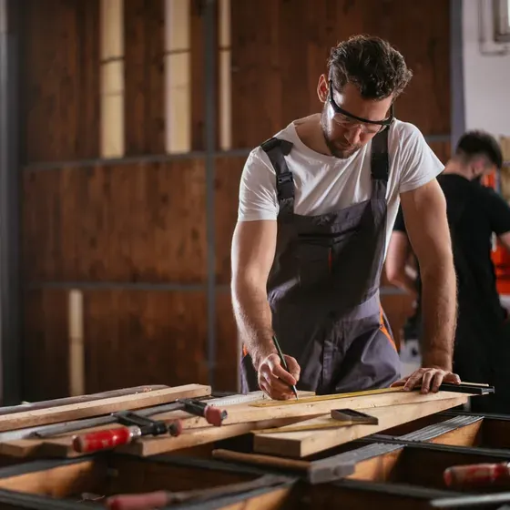 A construction student measuring a piece of wood