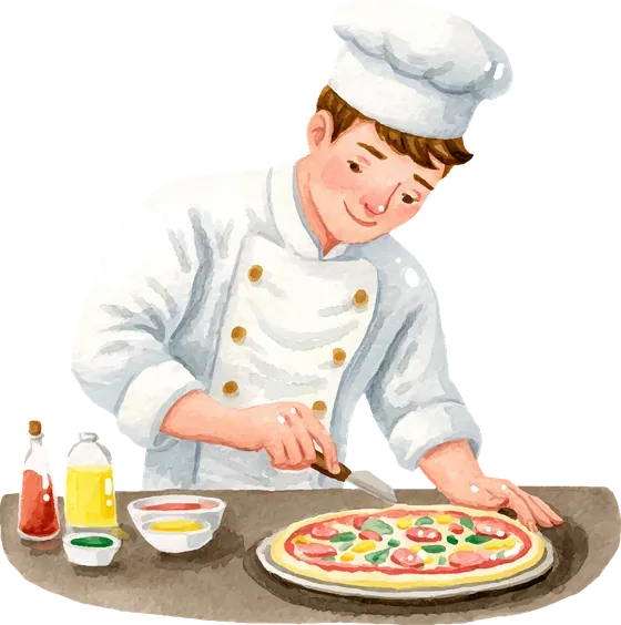 Illustration of a chef topping a pizza