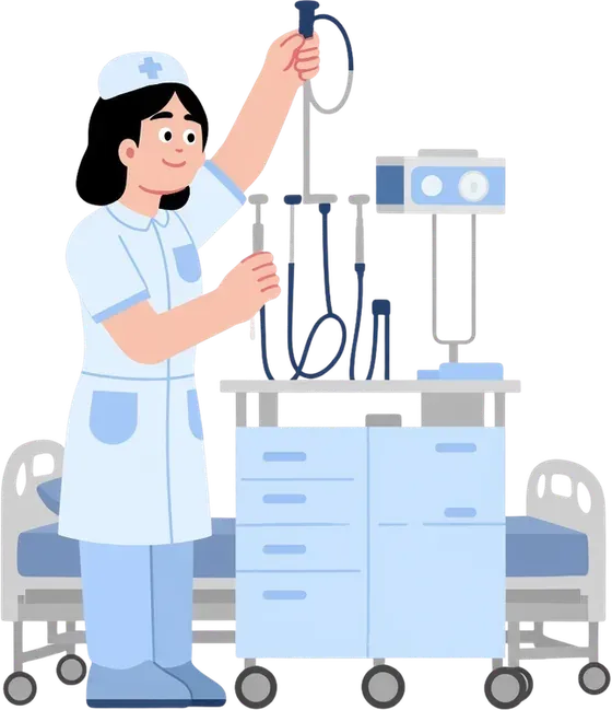 Illustration of a nurse beside medical equipment